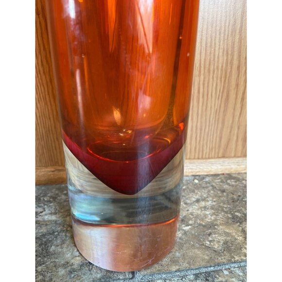 Vtg Orange & Clear Murano Glass Large Vase 1966 Round Heavy Venetian Glass Venez - Picture 5 of 8